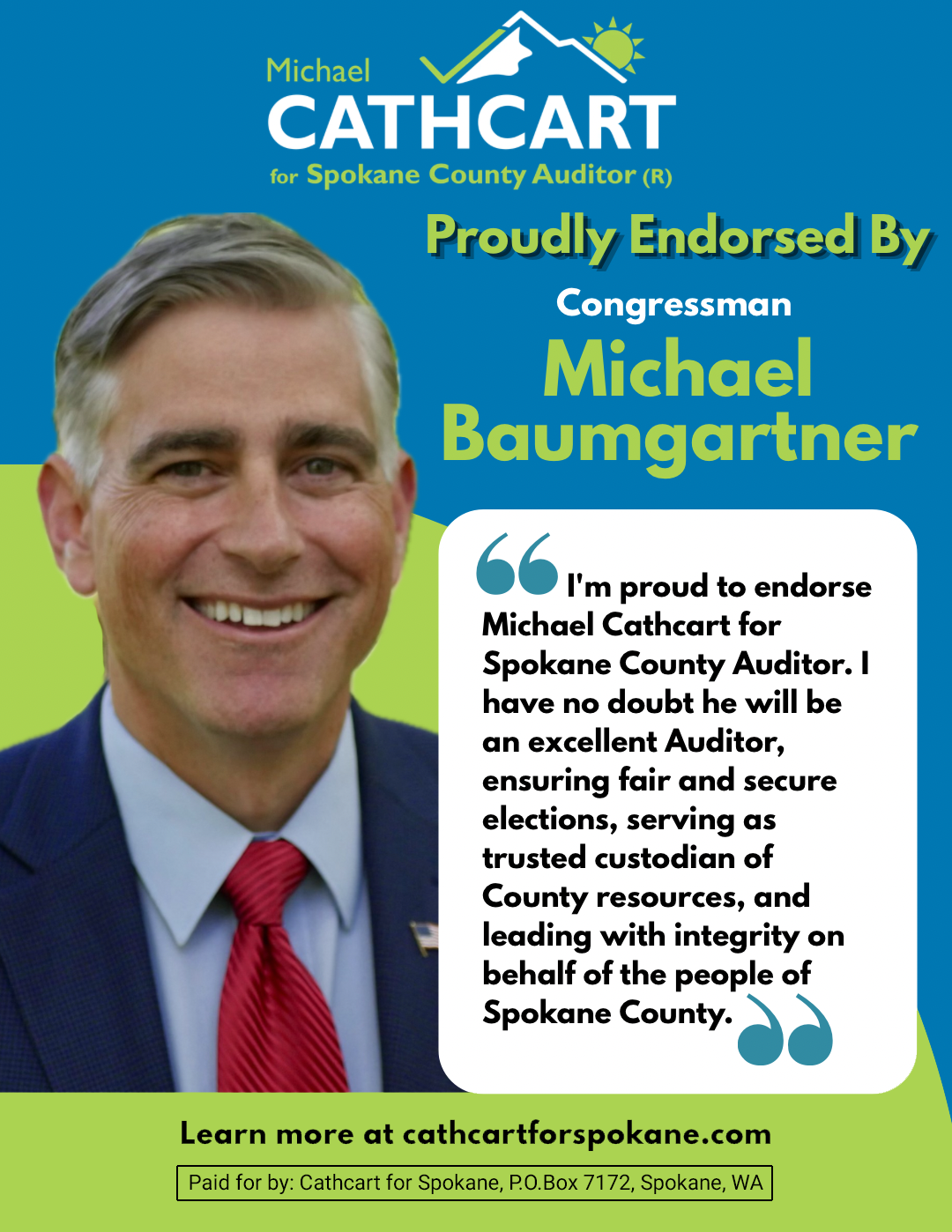 Michael Baumgartner endorsement of Michael Cathcart for Spokane County Auditor